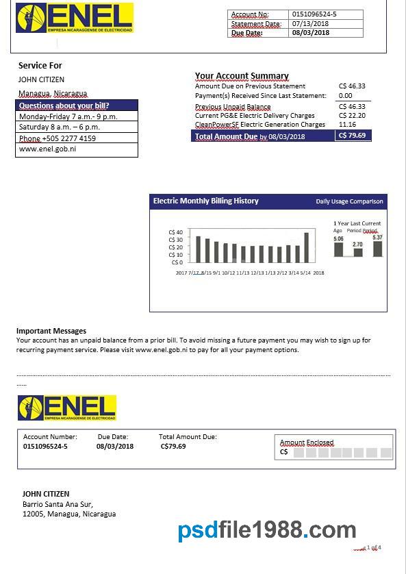 Nicaragua Nicaraguan Electricity Company ENEL Electricity Bill